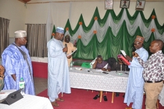 SWEARING-IN OF THE NEW SURVEYOR-GENERAL OF GOMBE STATE, SURV. ZAKARI DIFA INTO THE COUNCIL BY SURCON LEGAL ADVISER DURING THE 2019 COUNCIL RETREAT IN YANKARI GAME RESERVE, BAUCHI